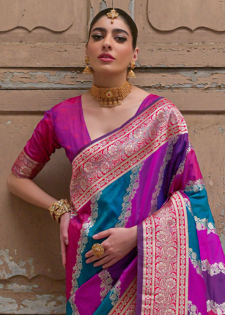 Shaded Pink Banarasi Silk Saree with All - Over Leheriya Zari Weave - House of Sarvati LLC