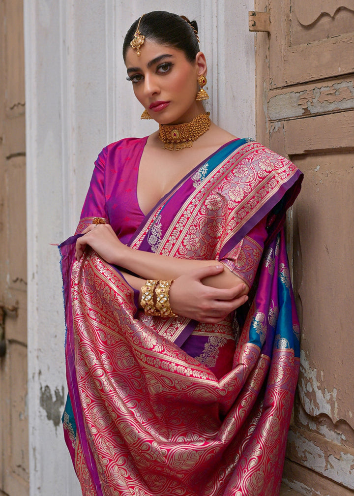 Shaded Pink Banarasi Silk Saree with All - Over Leheriya Zari Weave - House of Sarvati LLC