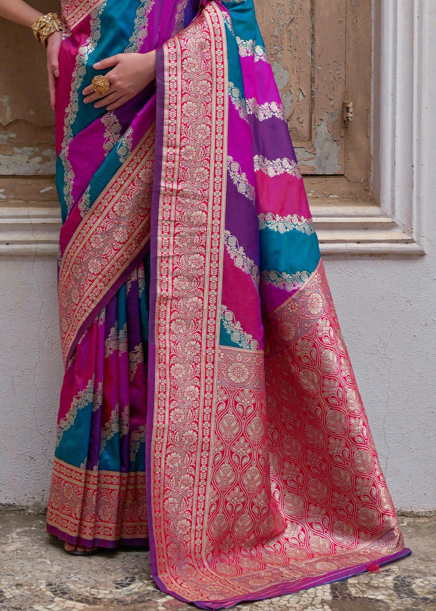 Shaded Pink Banarasi Silk Saree with All - Over Leheriya Zari Weave - House of Sarvati LLC