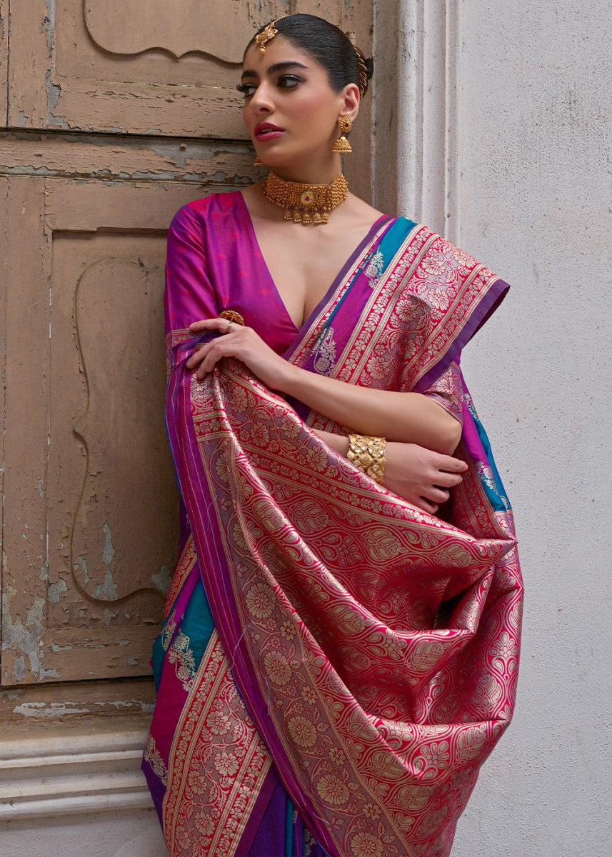 Shaded Pink Banarasi Silk Saree with All - Over Leheriya Zari Weave - House of Sarvati LLC