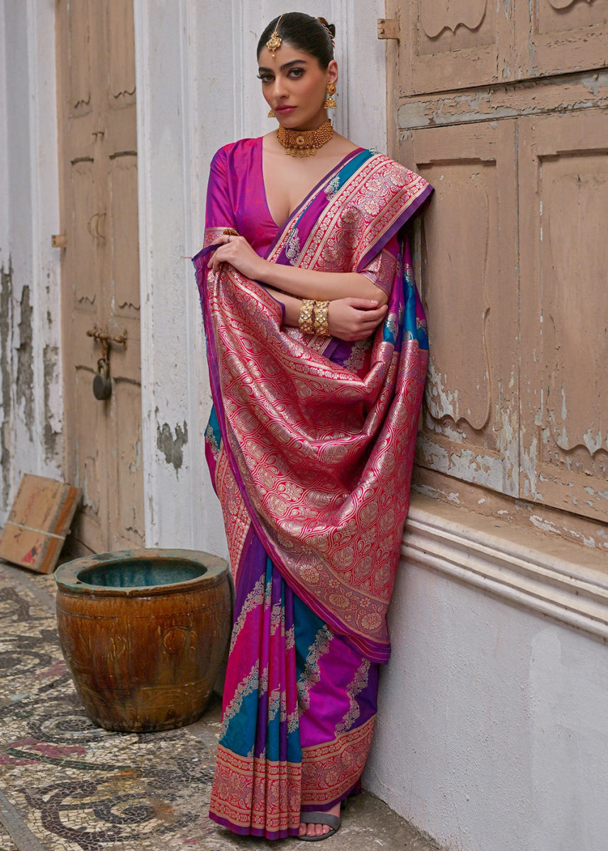 Shaded Pink Banarasi Silk Saree with All - Over Leheriya Zari Weave - House of Sarvati LLC