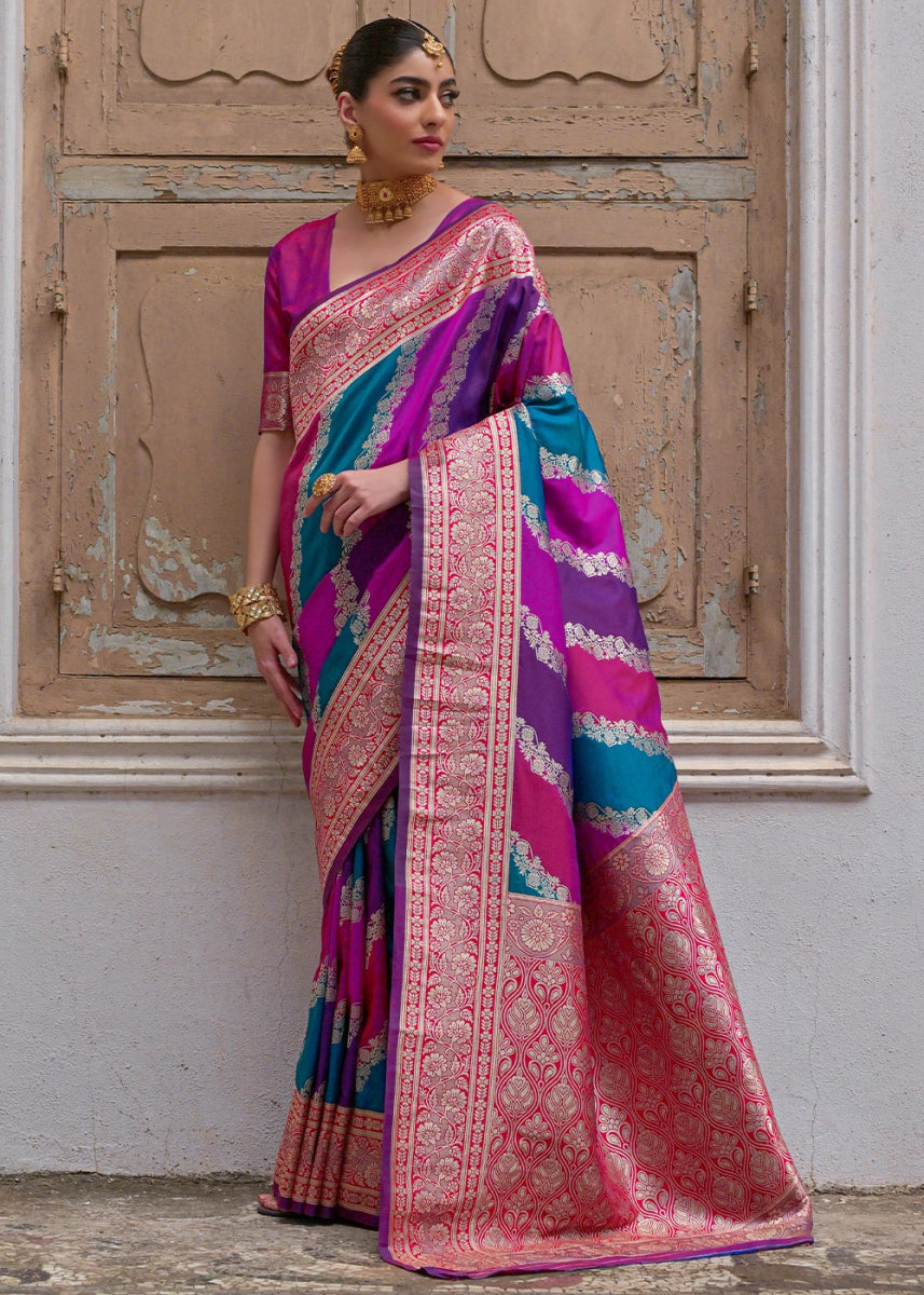 Shaded Pink Banarasi Silk Saree with All - Over Leheriya Zari Weave - House of Sarvati LLC
