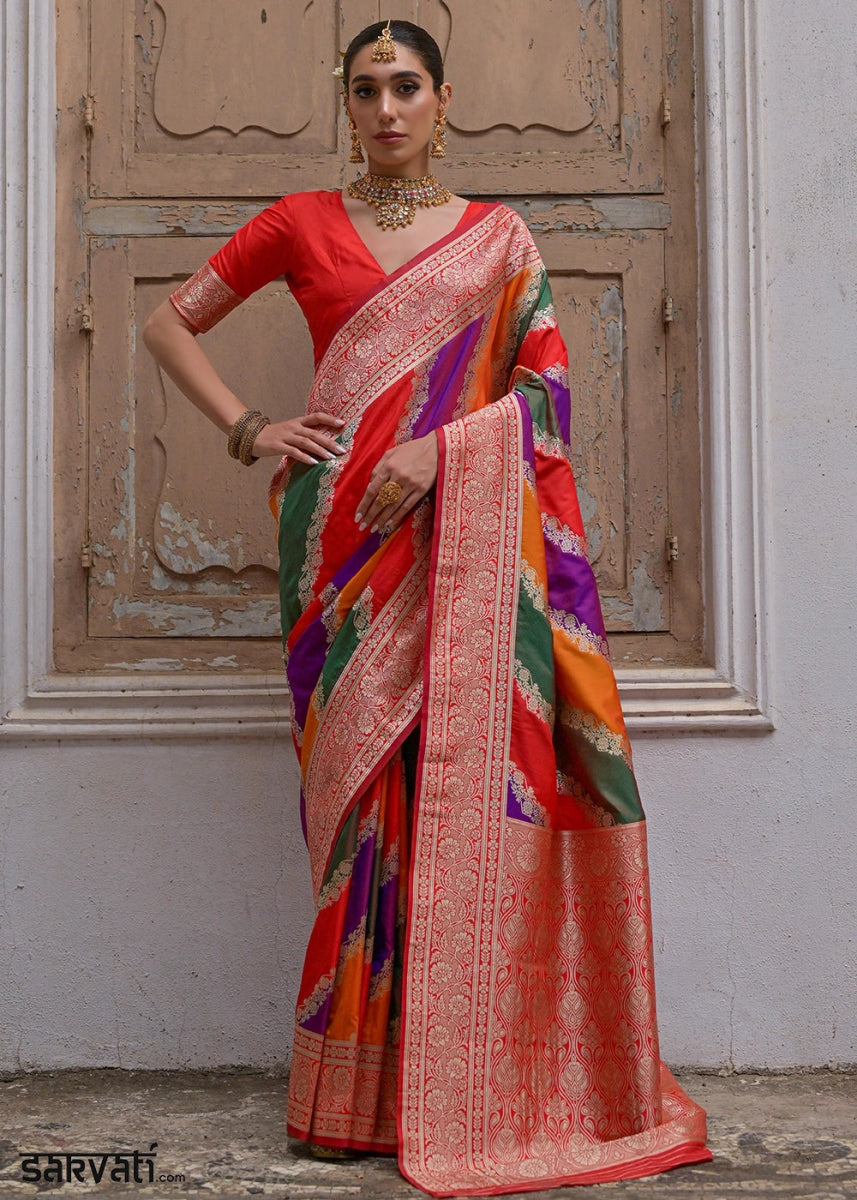 Shaded Red Banarasi Silk Saree with All - Over Leheriya Zari Weave - House of Sarvati LLC
