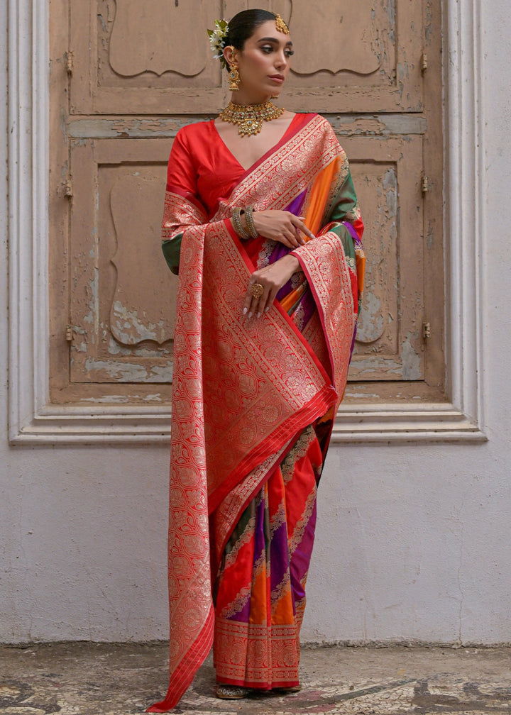 Shaded Red Banarasi Silk Saree with All - Over Leheriya Zari Weave - House of Sarvati LLC