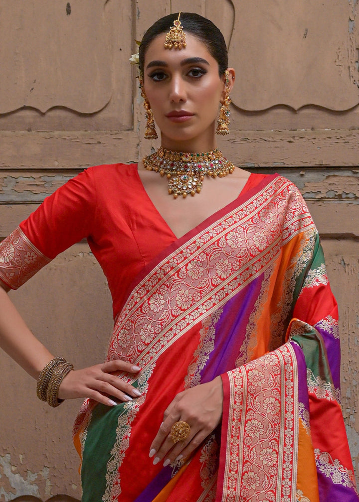Shaded Red Banarasi Silk Saree with All - Over Leheriya Zari Weave - House of Sarvati LLC