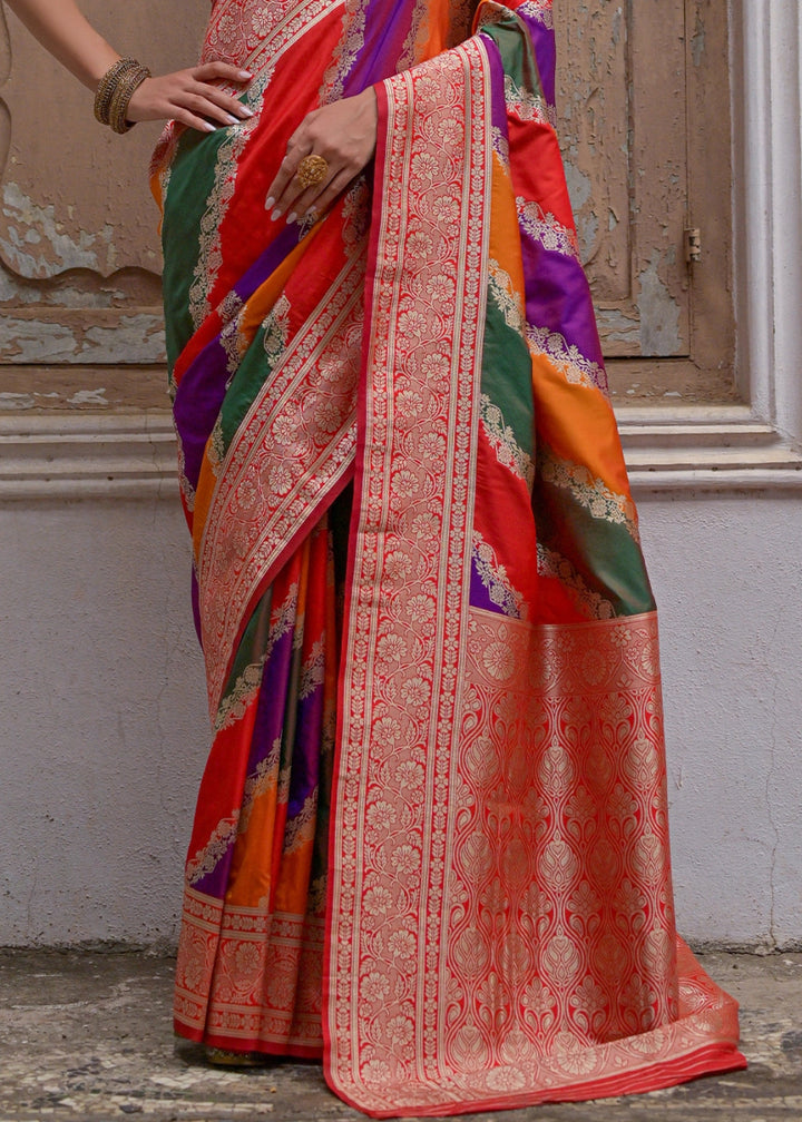Shaded Red Banarasi Silk Saree with All - Over Leheriya Zari Weave - House of Sarvati LLC