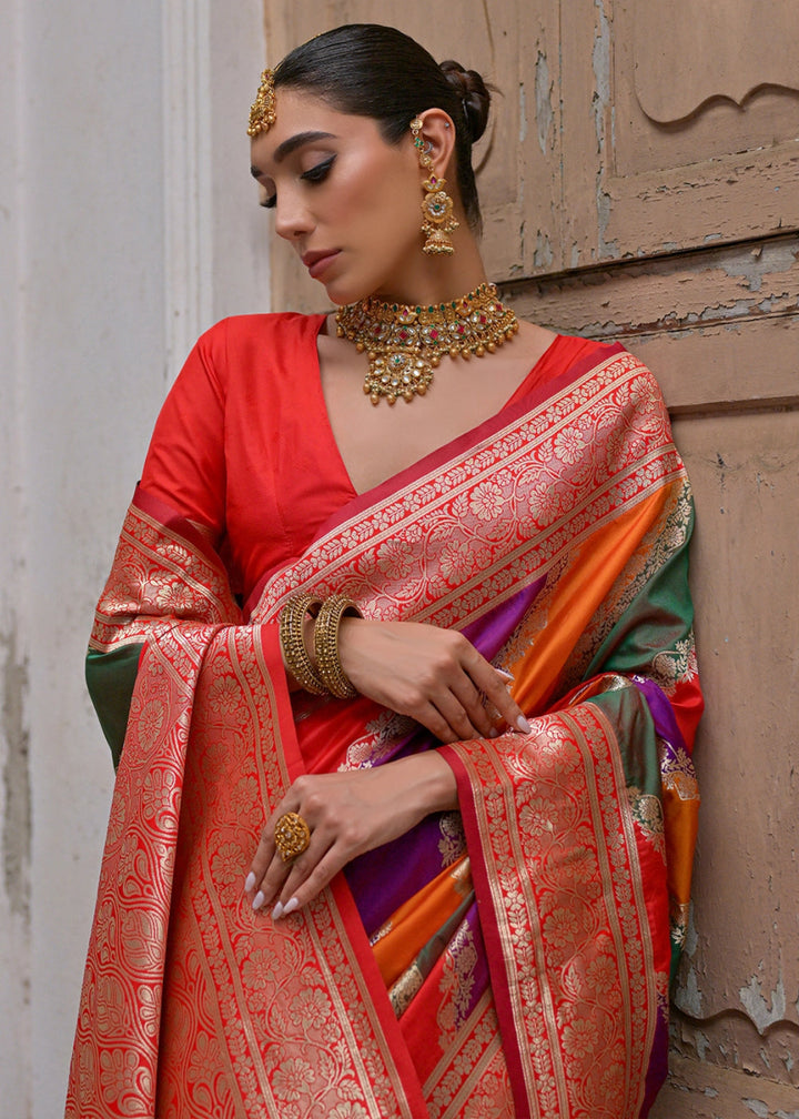 Shaded Red Banarasi Silk Saree with All - Over Leheriya Zari Weave - House of Sarvati LLC