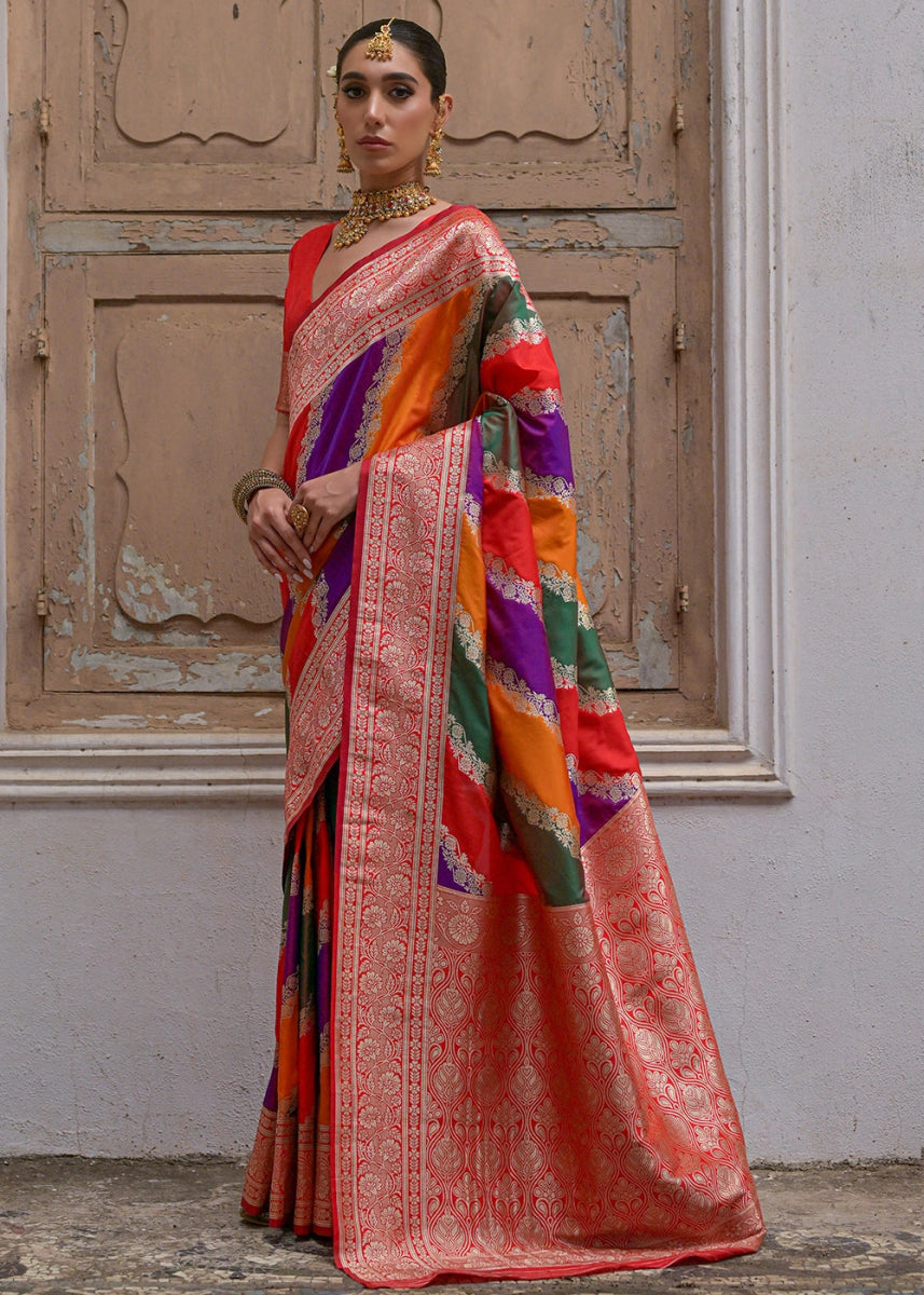 Shaded Red Banarasi Silk Saree with All - Over Leheriya Zari Weave - House of Sarvati LLC