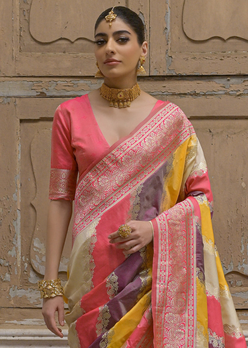 Shaded Yellow & Pink Banarasi Silk Saree with All - Over Leheriya Zari Weave - House of Sarvati LLC
