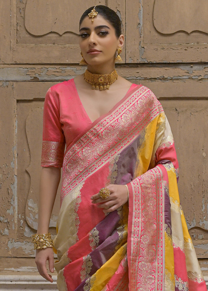 Shaded Yellow & Pink Banarasi Silk Saree with All - Over Leheriya Zari Weave - House of Sarvati LLC