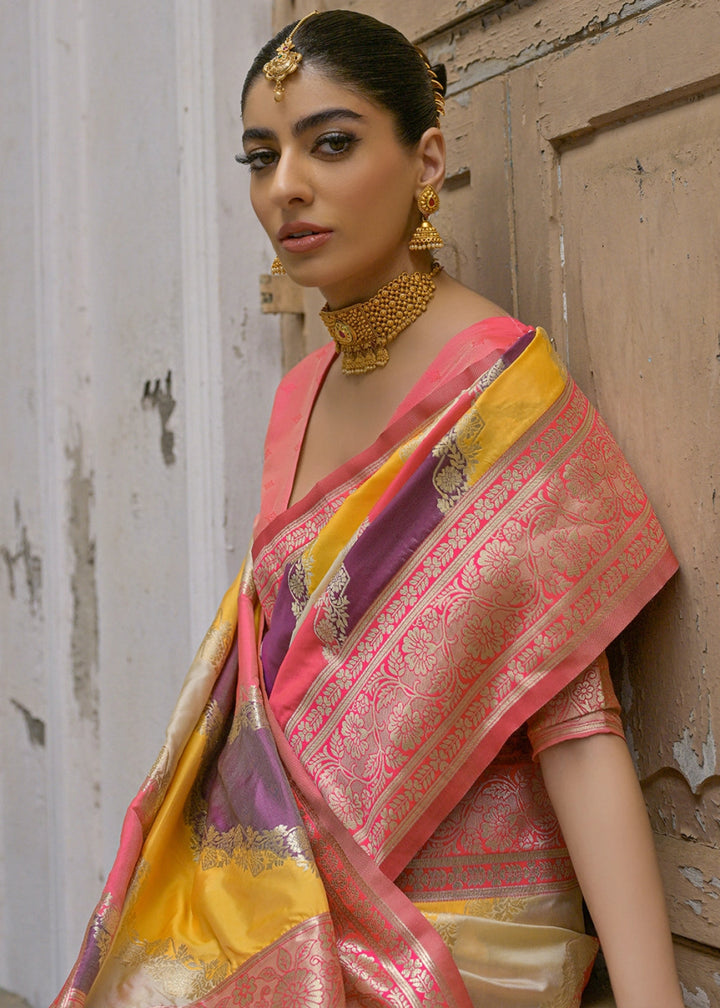 Shaded Yellow & Pink Banarasi Silk Saree with All - Over Leheriya Zari Weave - House of Sarvati LLC