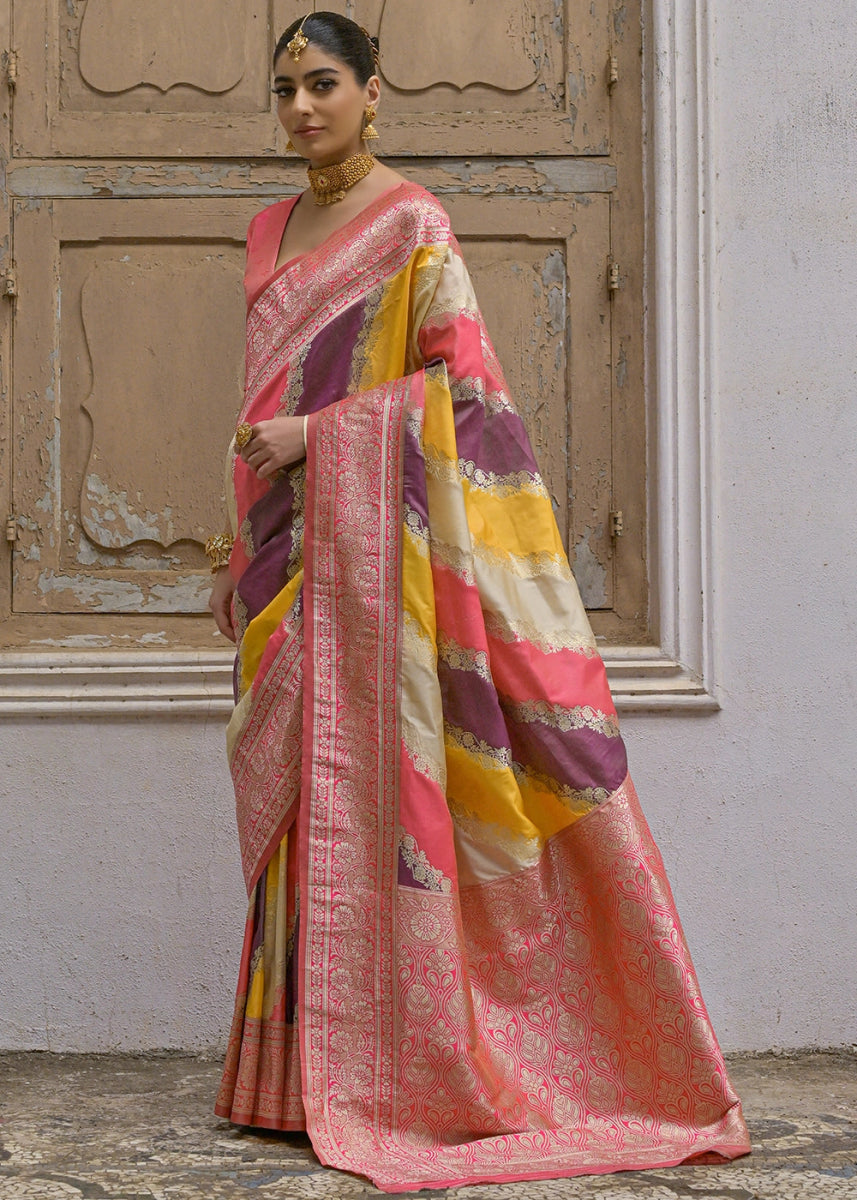 Shaded Yellow & Pink Banarasi Silk Saree with All - Over Leheriya Zari Weave - House of Sarvati LLC