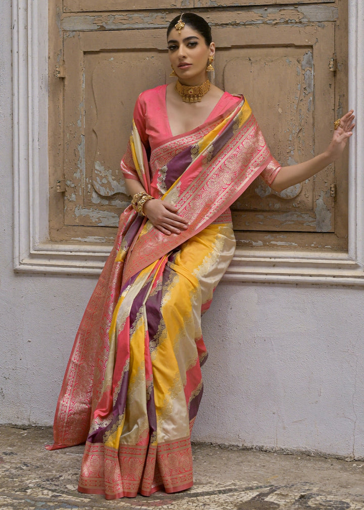 Shaded Yellow & Pink Banarasi Silk Saree with All - Over Leheriya Zari Weave - House of Sarvati LLC