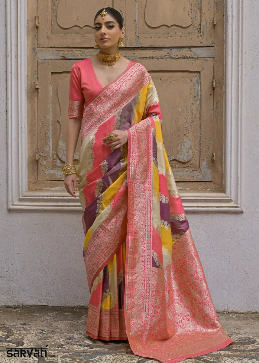 Shaded Yellow & Pink Banarasi Silk Saree with All - Over Leheriya Zari Weave - House of Sarvati LLC