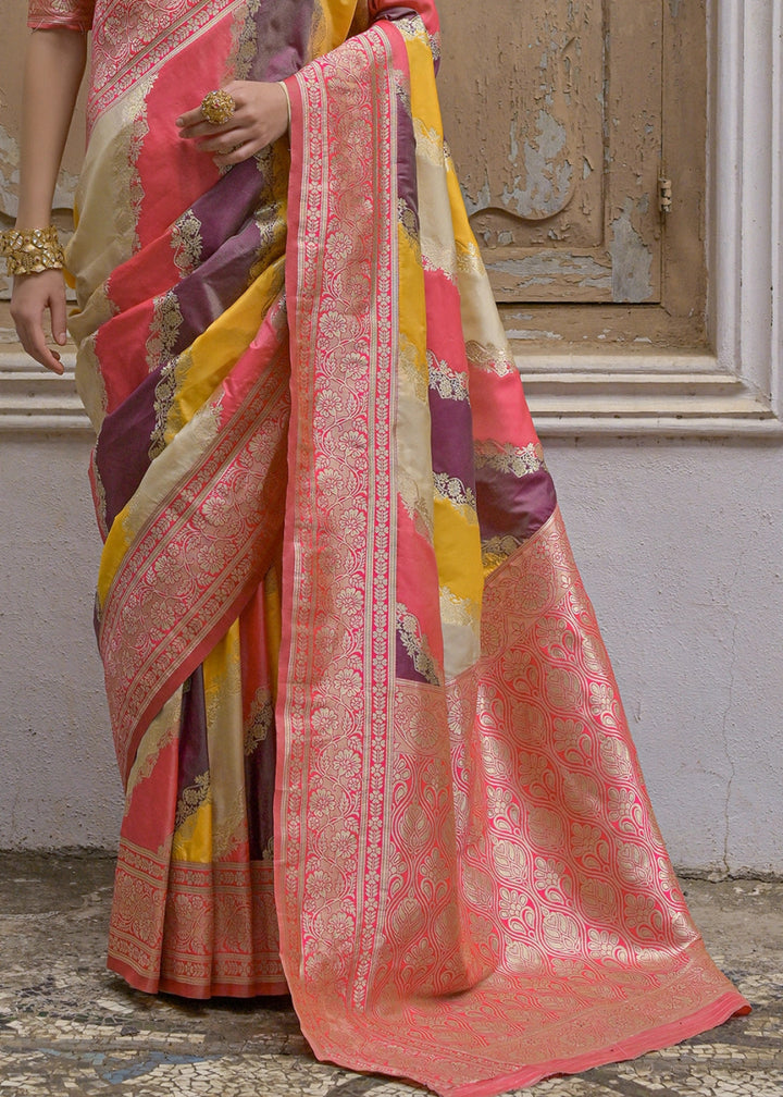 Shaded Yellow & Pink Banarasi Silk Saree with All - Over Leheriya Zari Weave - House of Sarvati LLC