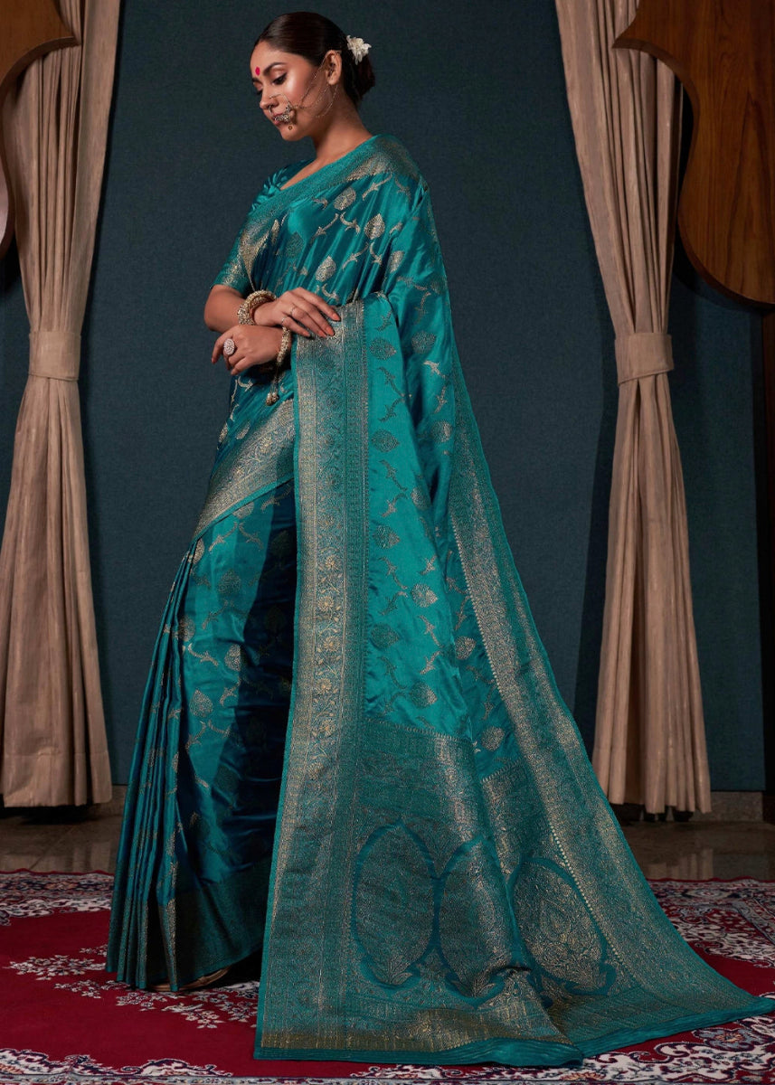 Shades Of Blue Banarasi - Style Satin Silk Saree with Zari work - House of Sarvati LLC