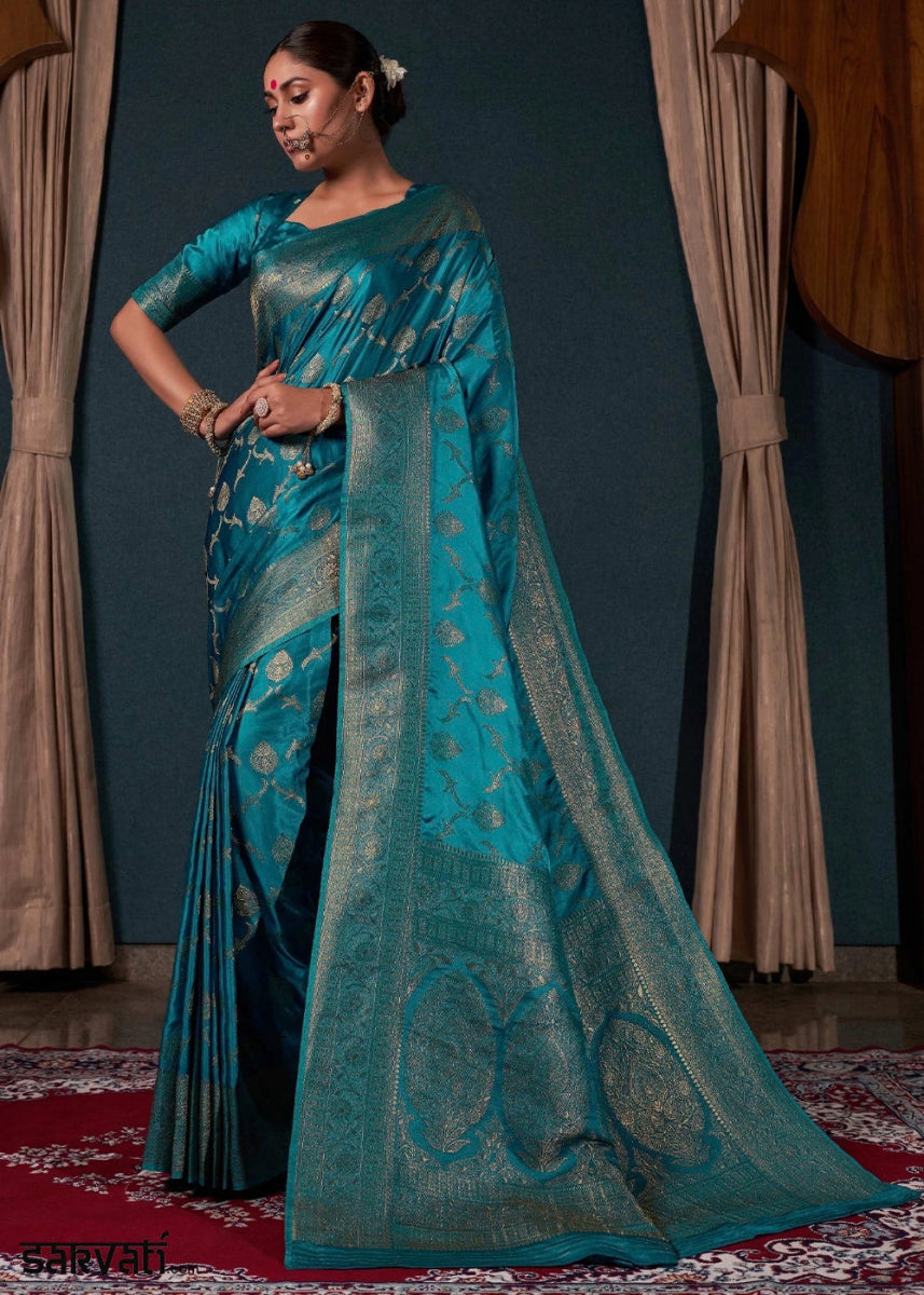 Shades Of Blue Banarasi - Style Satin Silk Saree with Zari work - House of Sarvati LLC