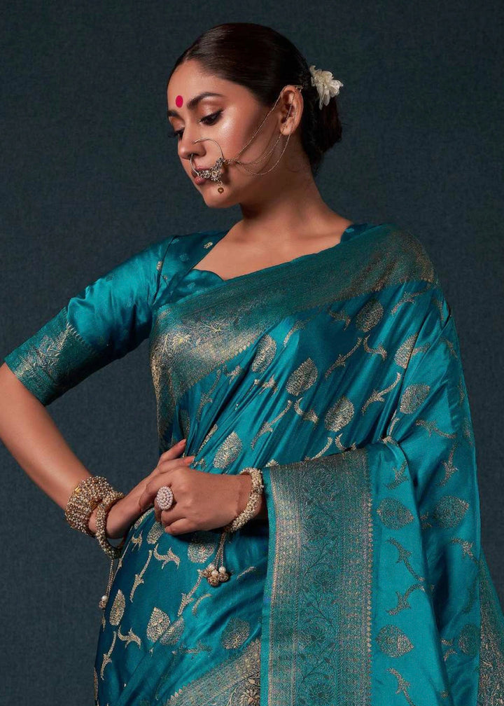Shades Of Blue Banarasi - Style Satin Silk Saree with Zari work - House of Sarvati LLC
