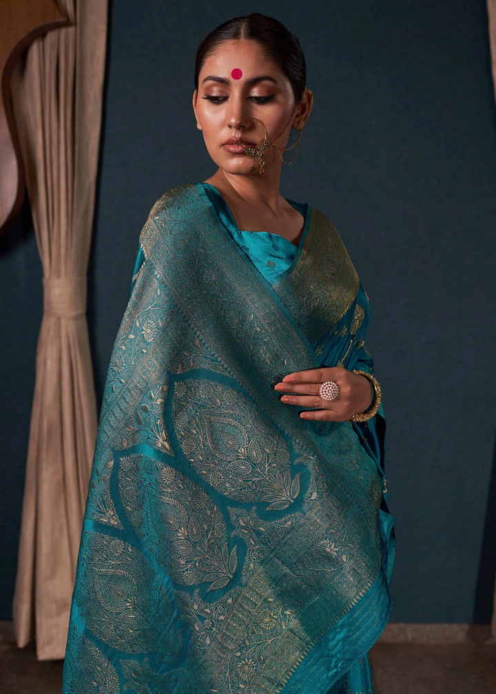 Shades Of Blue Banarasi - Style Satin Silk Saree with Zari work - House of Sarvati LLC