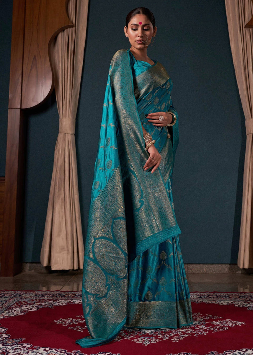 Shades Of Blue Banarasi - Style Satin Silk Saree with Zari work - House of Sarvati LLC