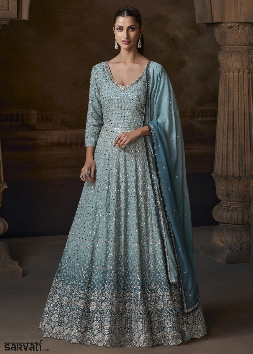 Shades Of Blue Chinon Silk Anarkali Gown With Exquisite Heavy Embroidery And Flowy Silhouette - House of Sarvati LLC