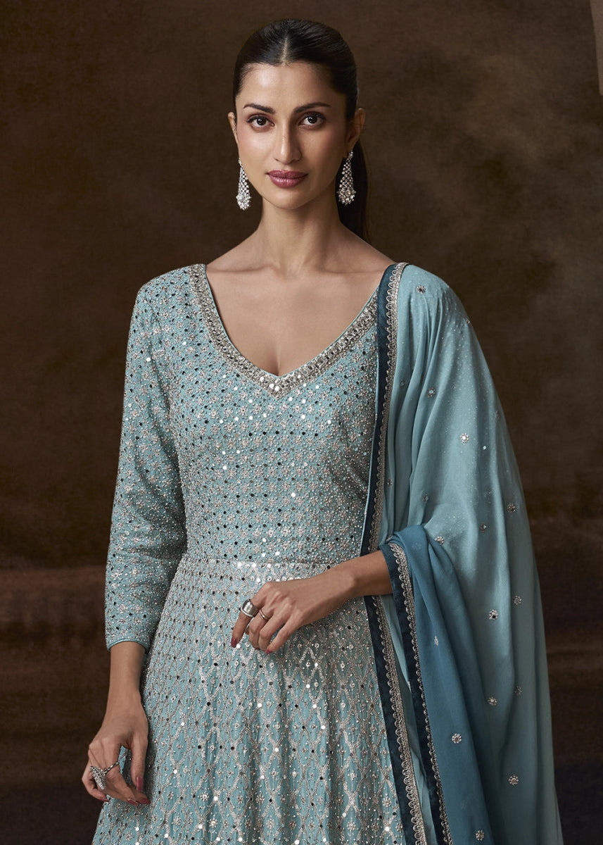 Shades Of Blue Chinon Silk Anarkali Gown With Exquisite Heavy Embroidery And Flowy Silhouette - House of Sarvati LLC