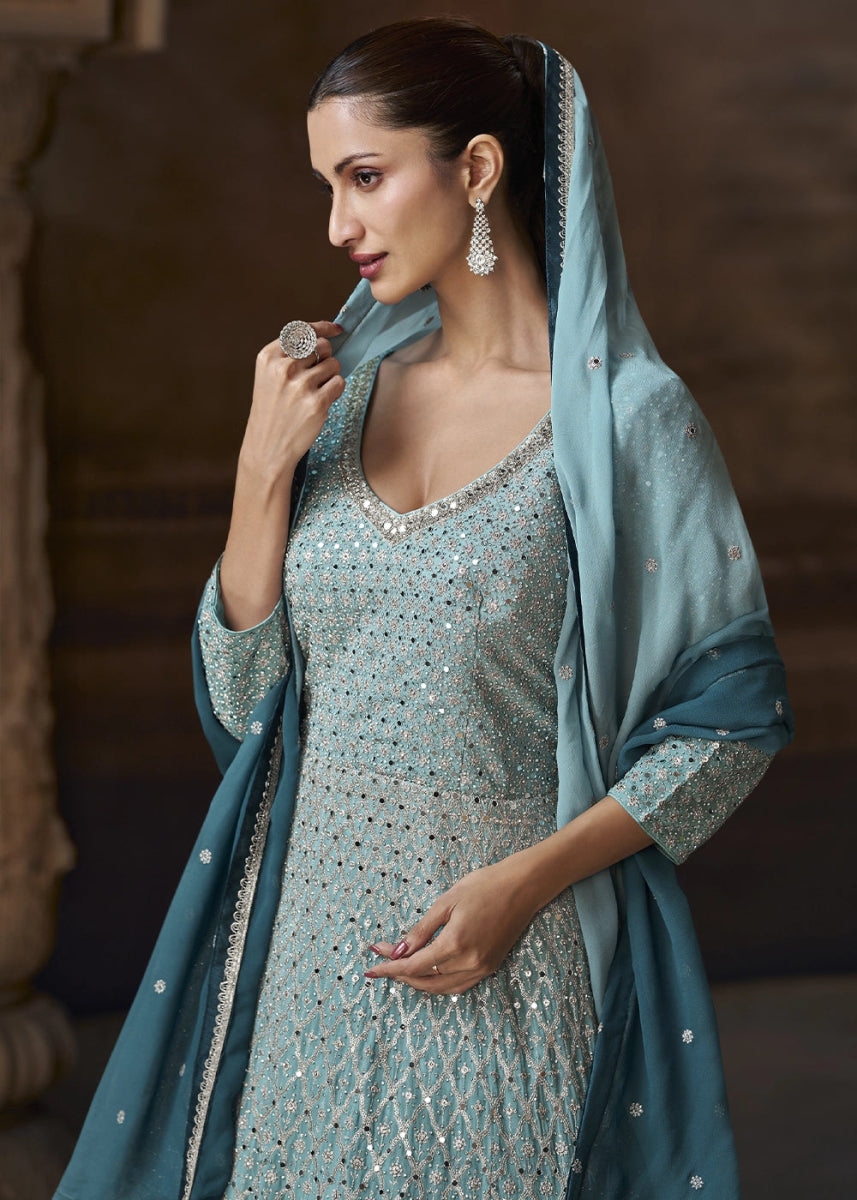 Shades Of Blue Chinon Silk Anarkali Gown With Exquisite Heavy Embroidery And Flowy Silhouette - House of Sarvati LLC
