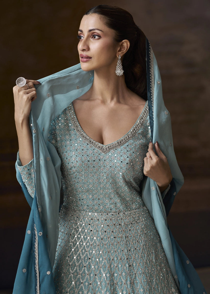 Shades Of Blue Chinon Silk Anarkali Gown With Exquisite Heavy Embroidery And Flowy Silhouette - House of Sarvati LLC