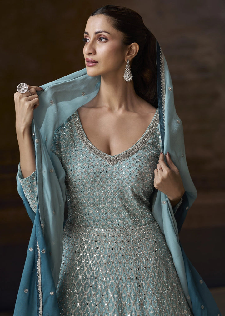 Shades Of Blue Chinon Silk Anarkali Gown With Exquisite Heavy Embroidery And Flowy Silhouette - House of Sarvati LLC