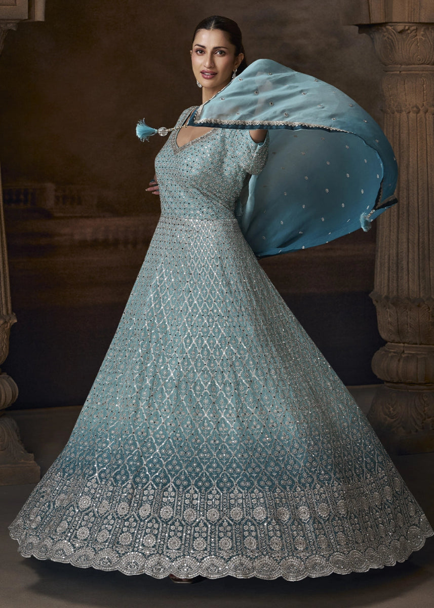 Shades Of Blue Chinon Silk Anarkali Gown With Exquisite Heavy Embroidery And Flowy Silhouette - House of Sarvati LLC
