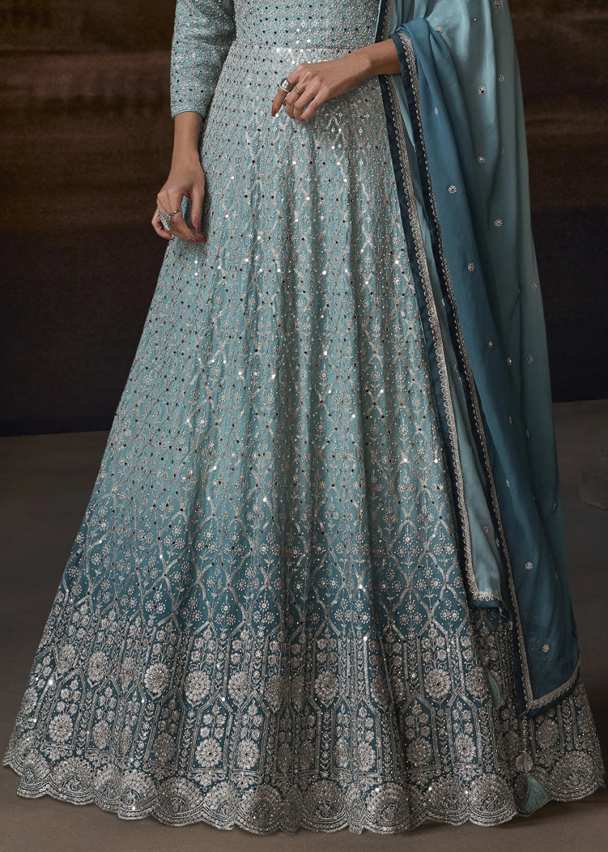 Shades Of Blue Chinon Silk Anarkali Gown With Exquisite Heavy Embroidery And Flowy Silhouette - House of Sarvati LLC
