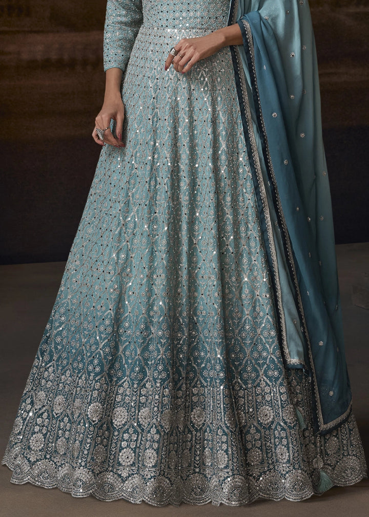 Shades Of Blue Chinon Silk Anarkali Gown With Exquisite Heavy Embroidery And Flowy Silhouette - House of Sarvati LLC