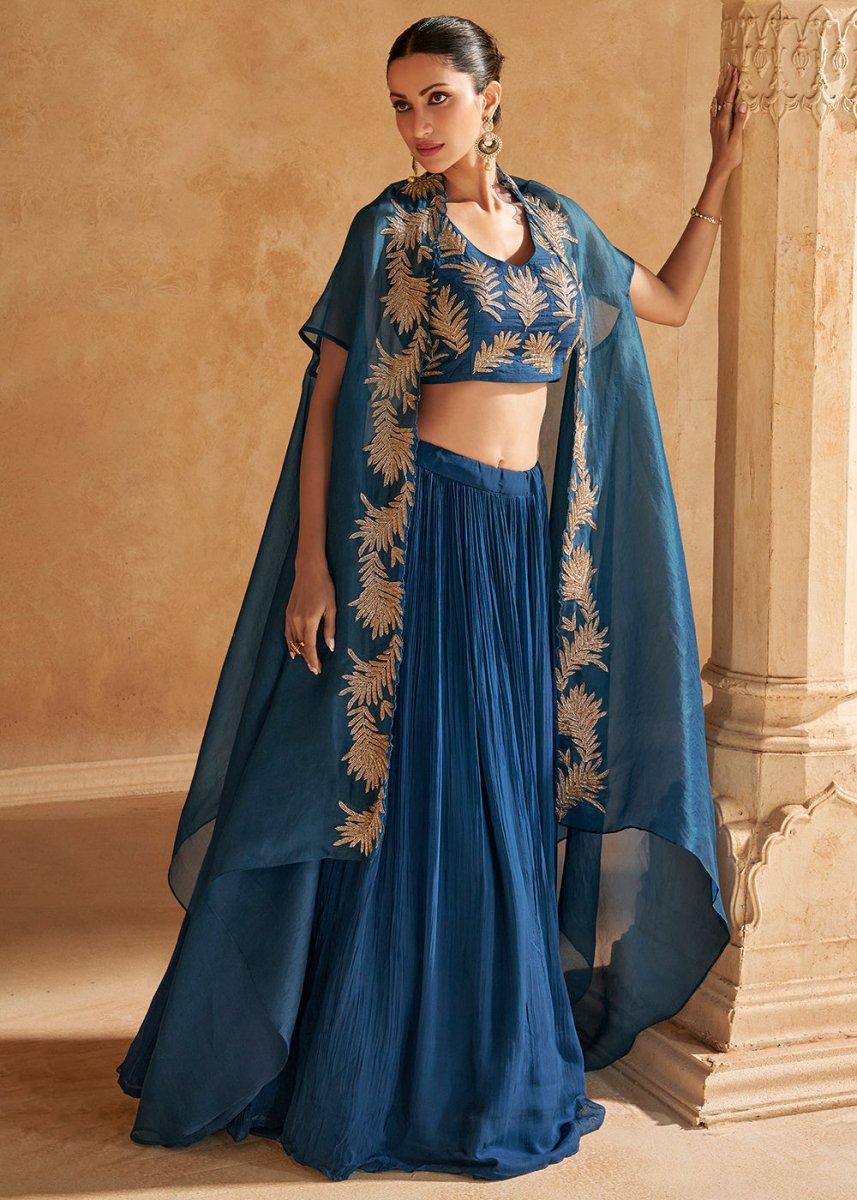 Shades Of Blue Chinon Silk Top & Skirt Set with Elegant Embroidered Jacket - House of Sarvati LLC