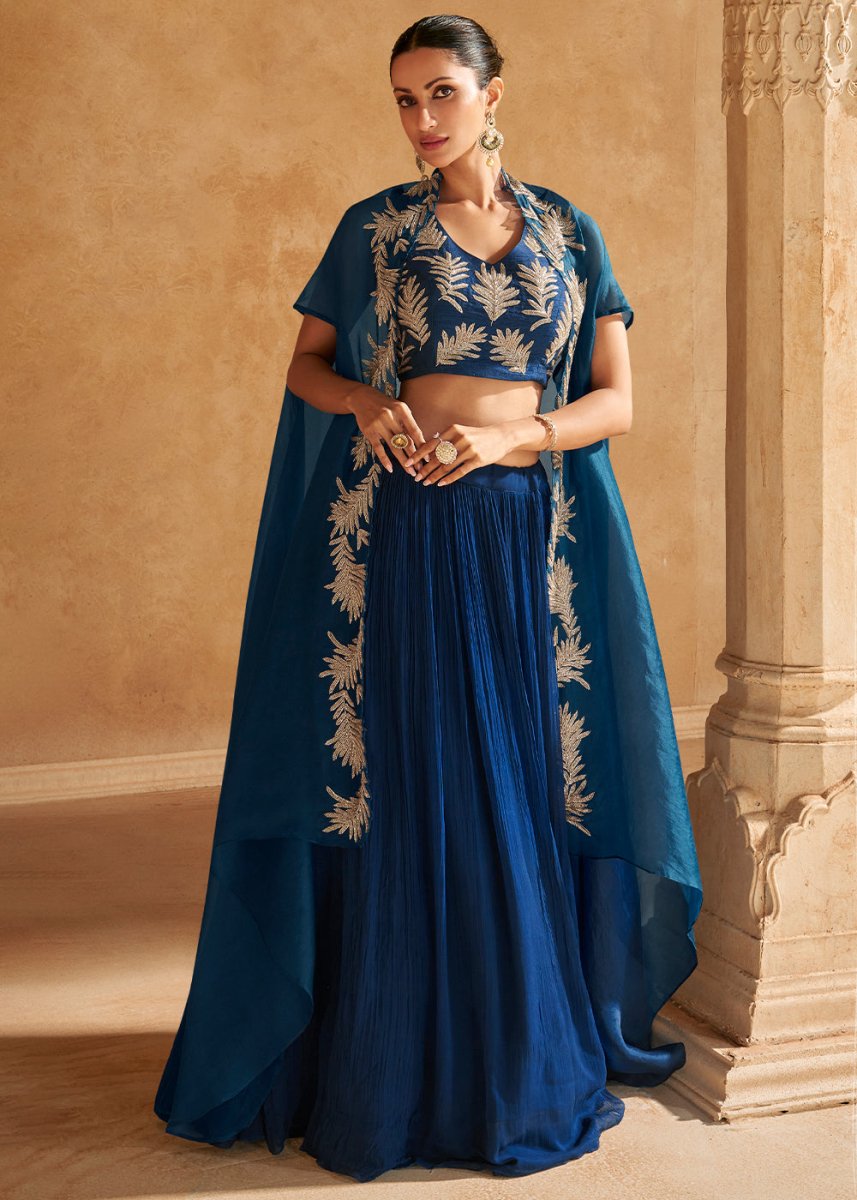 Shades Of Blue Chinon Silk Top & Skirt Set with Elegant Embroidered Jacket - House of Sarvati LLC