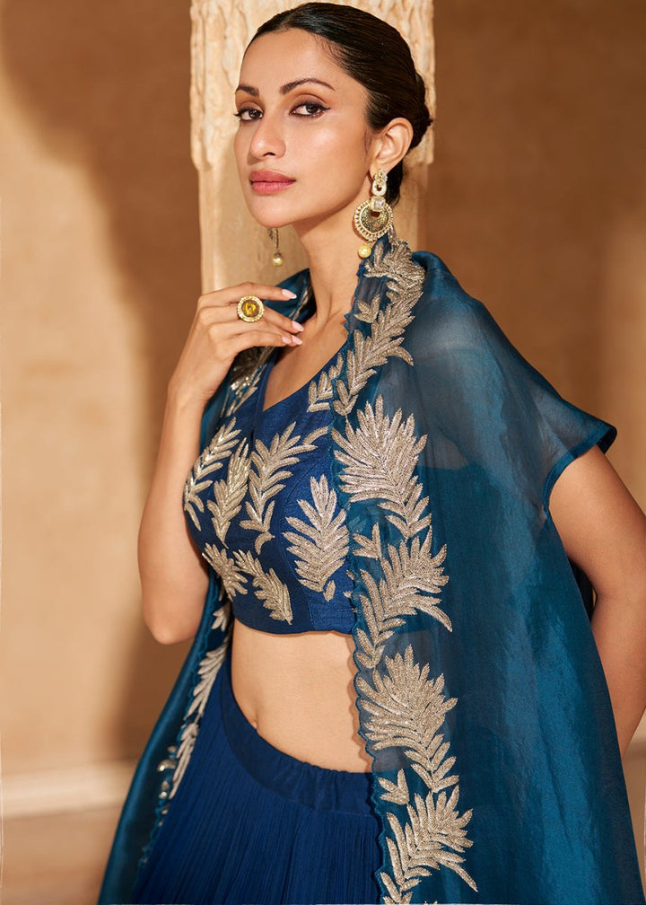Shades Of Blue Chinon Silk Top & Skirt Set with Elegant Embroidered Jacket - House of Sarvati LLC