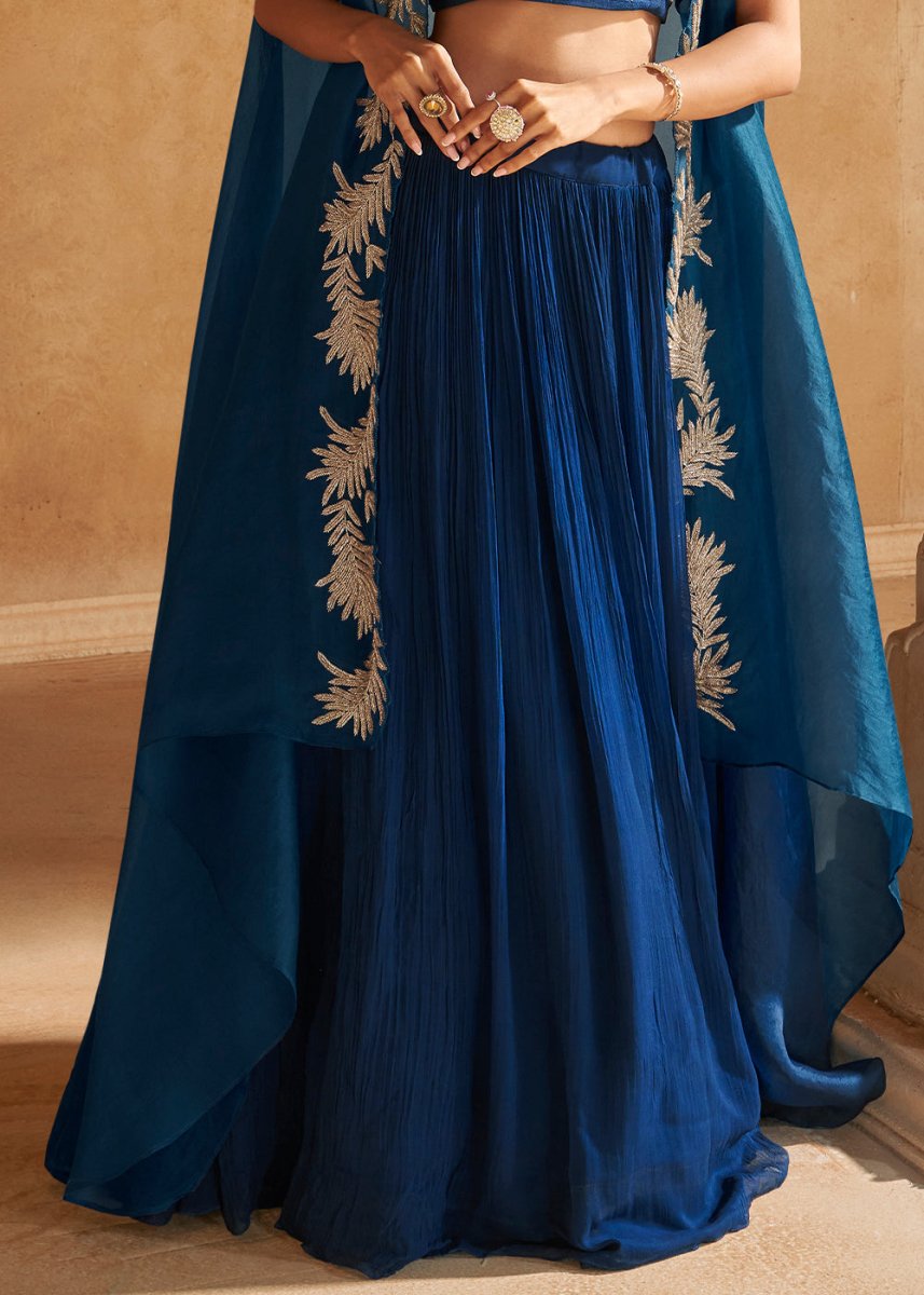 Shades Of Blue Chinon Silk Top & Skirt Set with Elegant Embroidered Jacket - House of Sarvati LLC