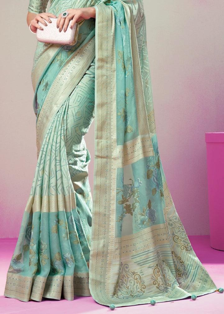 Shades Of Blue Floral Georgette Silk Saree - House of Sarvati LLC