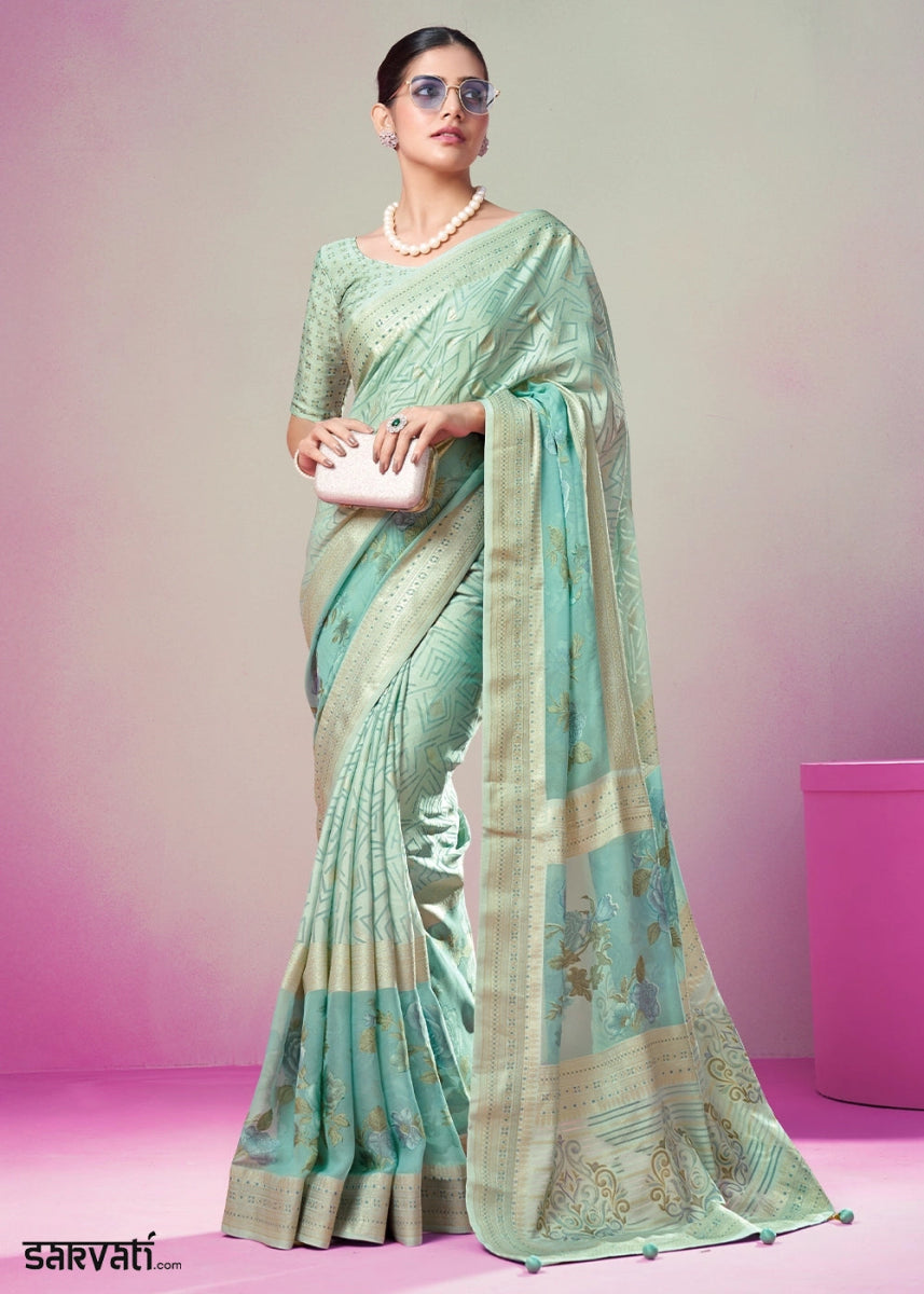 Shades Of Blue Floral Georgette Silk Saree - House of Sarvati LLC