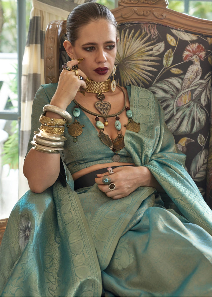 Shades Of Blue Handwoven Tissue Silk Saree with Zari Accents - House of Sarvati LLC