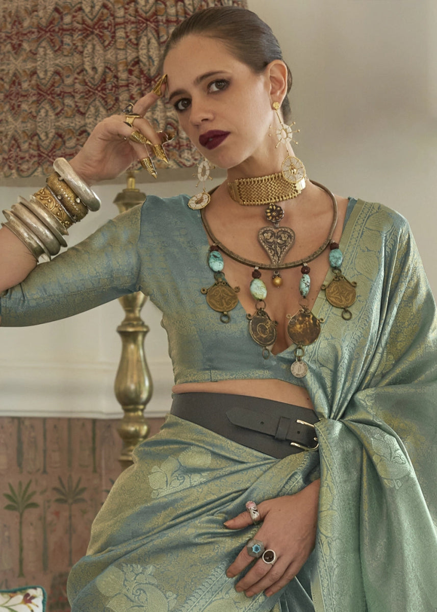 Shades Of Blue Handwoven Tissue Silk Saree with Zari Accents - House of Sarvati LLC