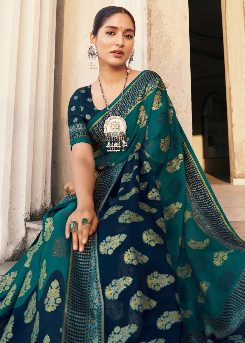 Shades Of Blue Handwoven Zari Georgette Silk Saree - House of Sarvati LLC