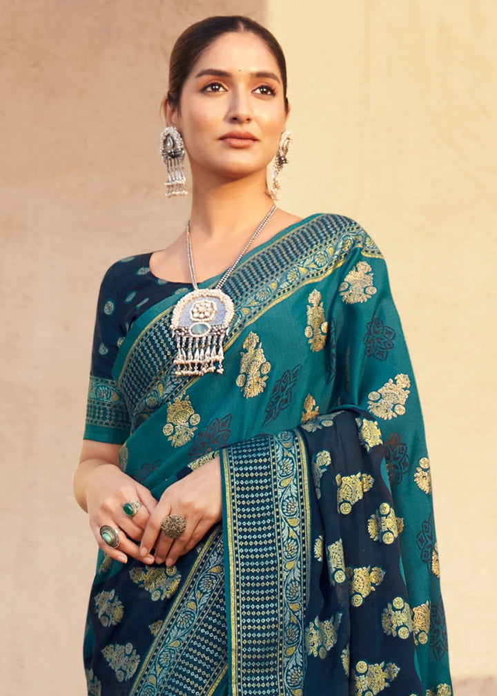 Shades Of Blue Handwoven Zari Georgette Silk Saree - House of Sarvati LLC