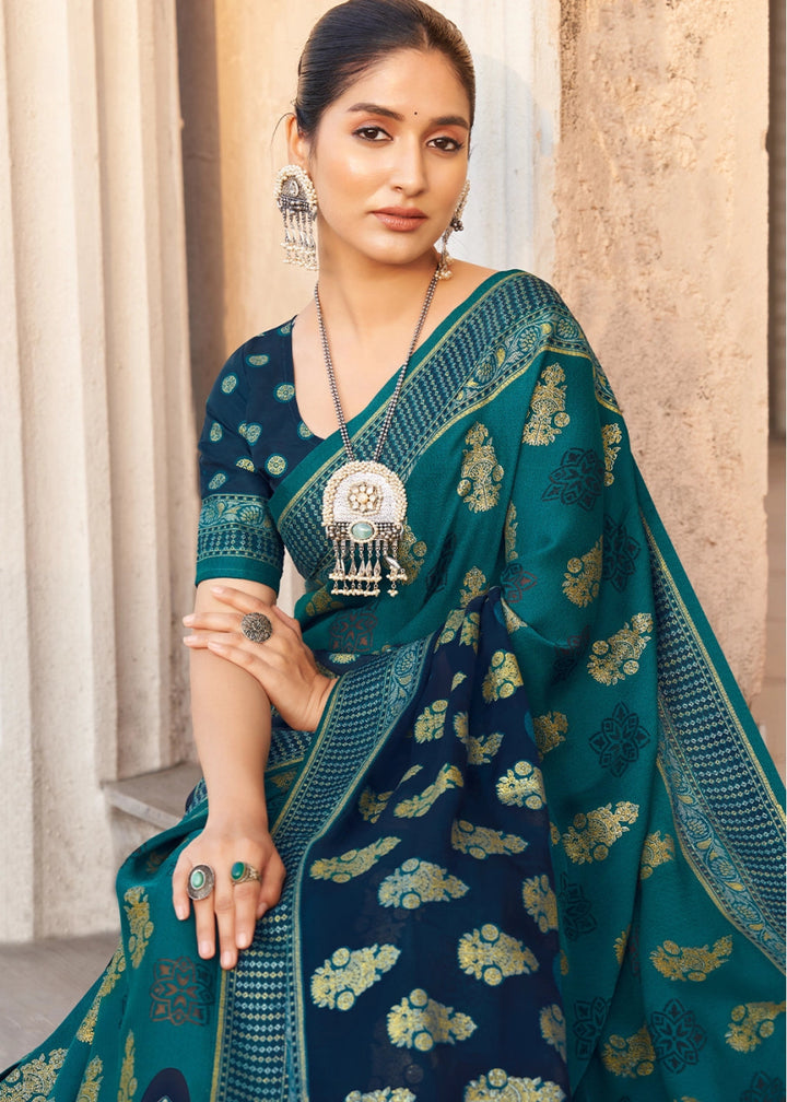 Shades Of Blue Handwoven Zari Georgette Silk Saree - House of Sarvati LLC
