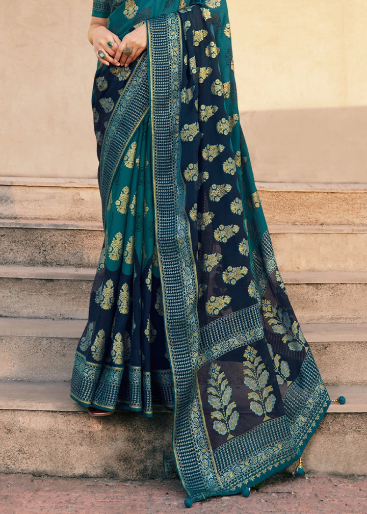 Shades Of Blue Handwoven Zari Georgette Silk Saree - House of Sarvati LLC