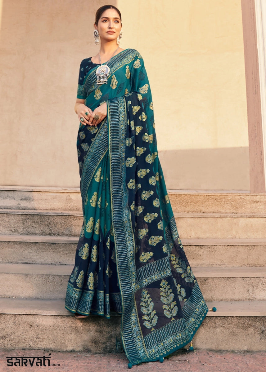 Shades Of Blue Handwoven Zari Georgette Silk Saree - House of Sarvati LLC