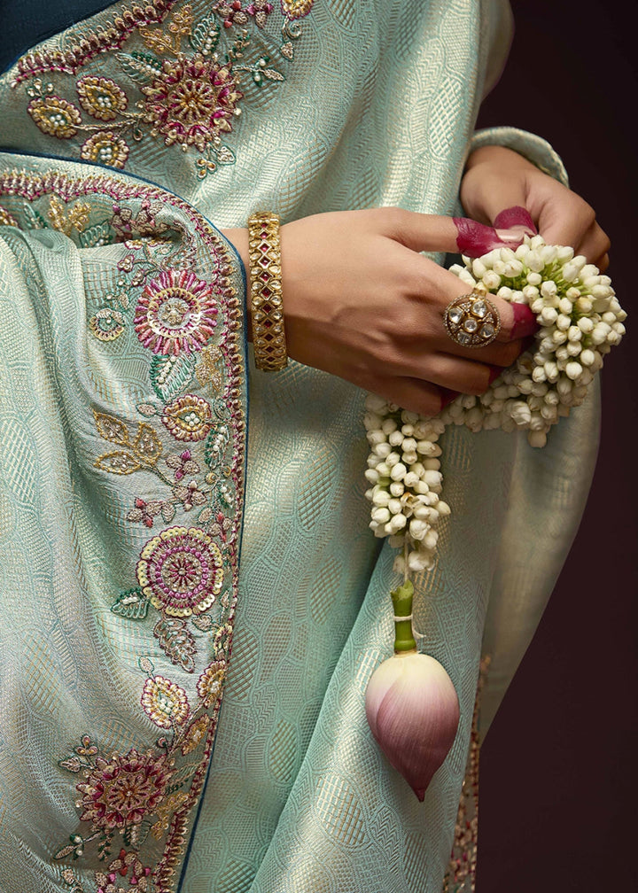 Shades Of Blue Kanjivaram Silk Saree with Intricate Zari, Khatli, Sequin & Pearl Embroidery - House of Sarvati LLC