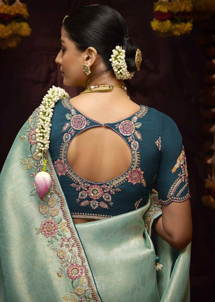 Shades Of Blue Kanjivaram Silk Saree with Intricate Zari, Khatli, Sequin & Pearl Embroidery - House of Sarvati LLC