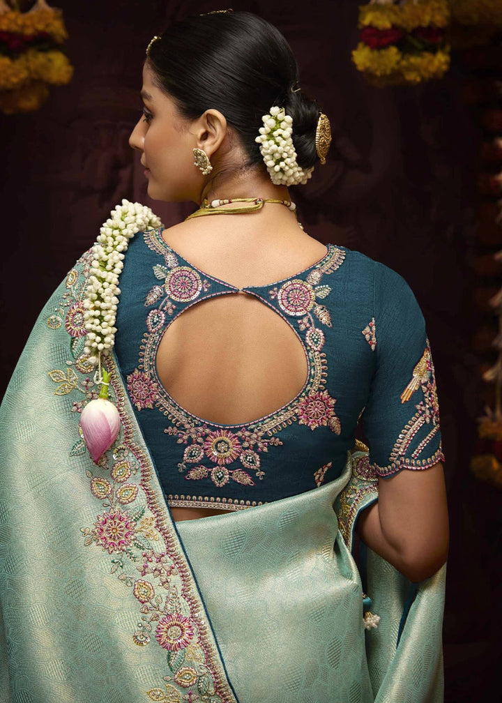 Shades Of Blue Kanjivaram Silk Saree with Intricate Zari, Khatli, Sequin & Pearl Embroidery - House of Sarvati LLC