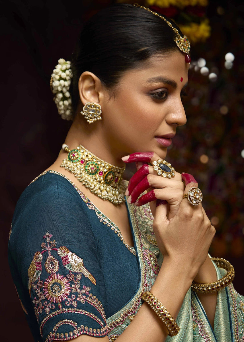 Shades Of Blue Kanjivaram Silk Saree with Intricate Zari, Khatli, Sequin & Pearl Embroidery - House of Sarvati LLC