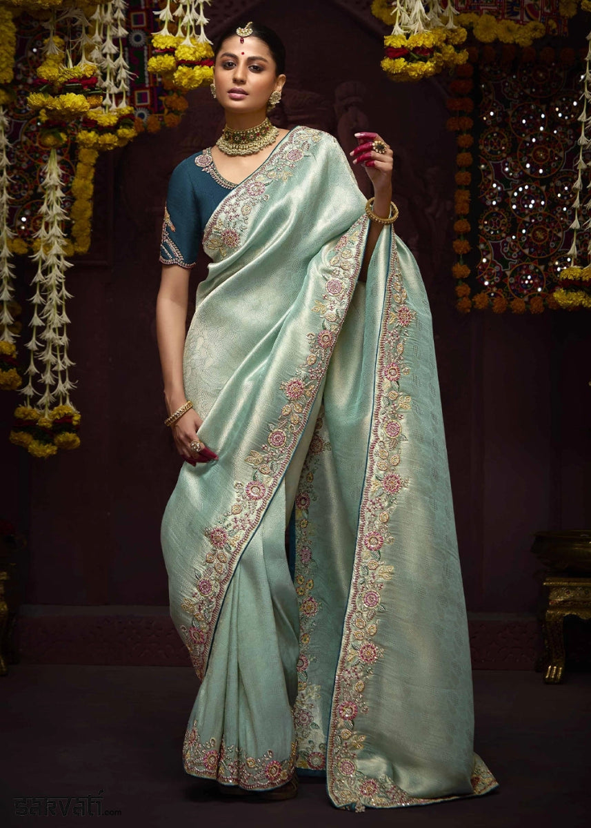 Shades Of Blue Kanjivaram Silk Saree with Intricate Zari, Khatli, Sequin & Pearl Embroidery - House of Sarvati LLC